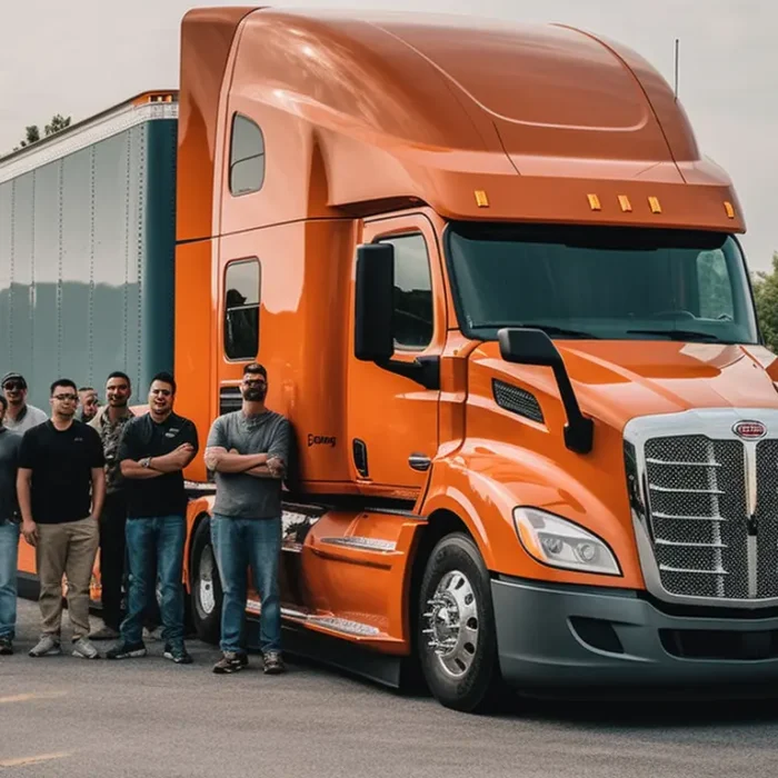 a-team-of-truck-drivers-around-an-orange-semi-truck